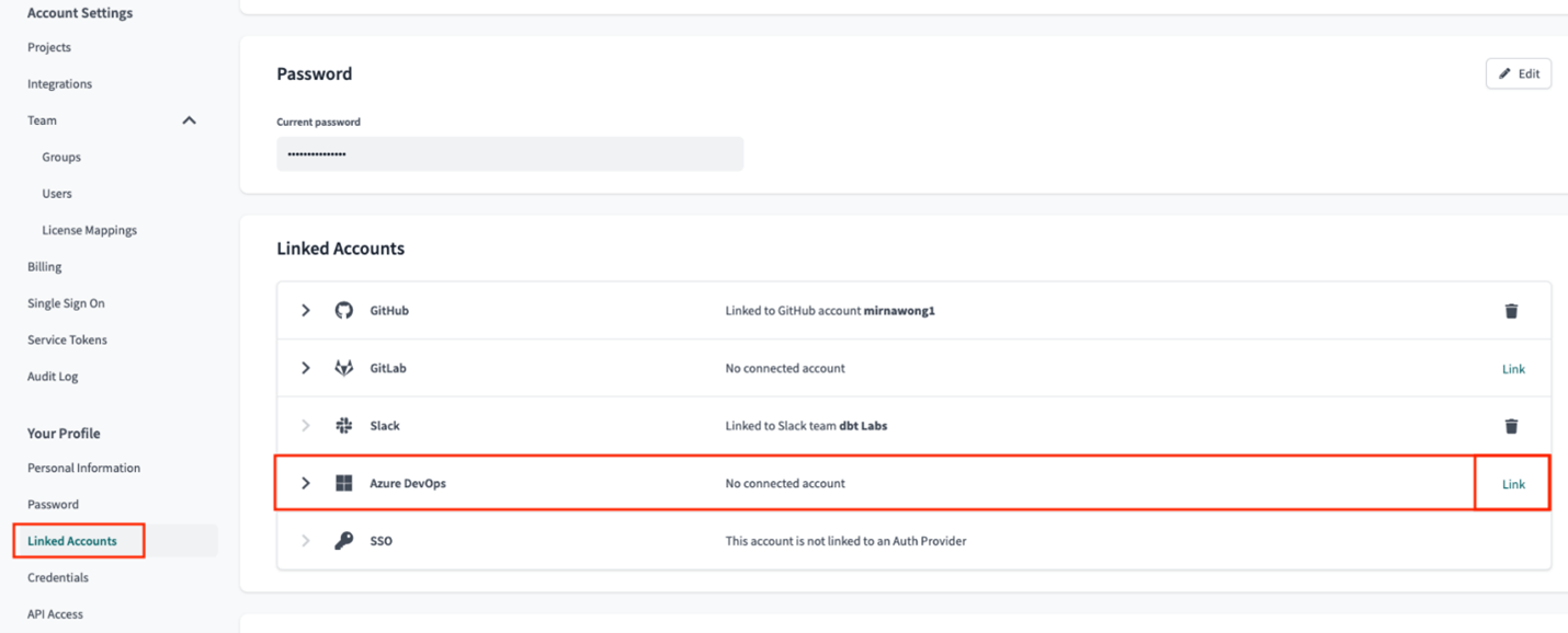 Connect Azure Devops and dbt cloud profile: Click on Link next to Azure DevOps - screenshot