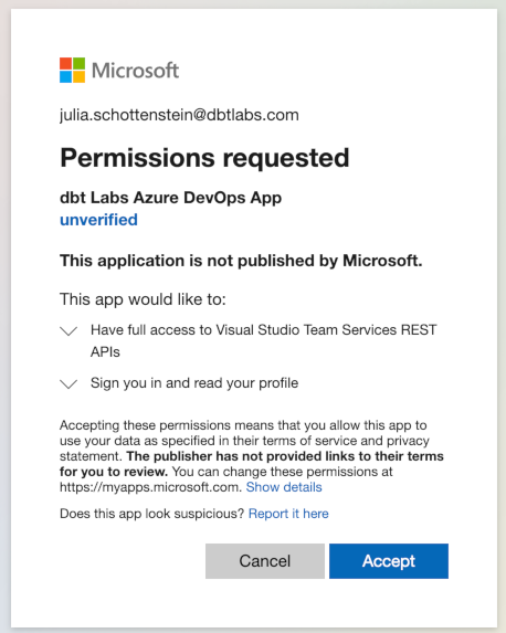 When prompted with the permission request screen from the Azure DevOps App, click Accept - screenshot