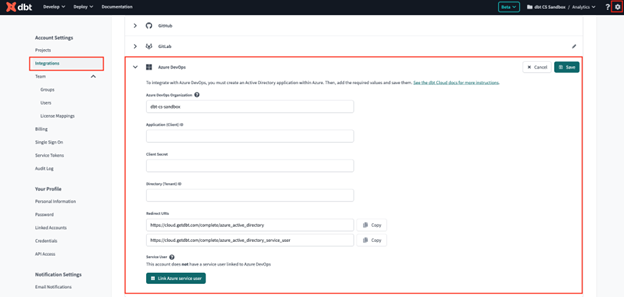 Connect a service account user​: Once the admin completes the setup process, they will be redirected to dbt Cloud. From there, they will proceed to connect with the service user - screenshot