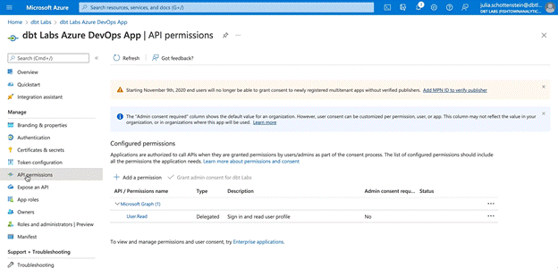 B. Update Permissions for newly created Azure app